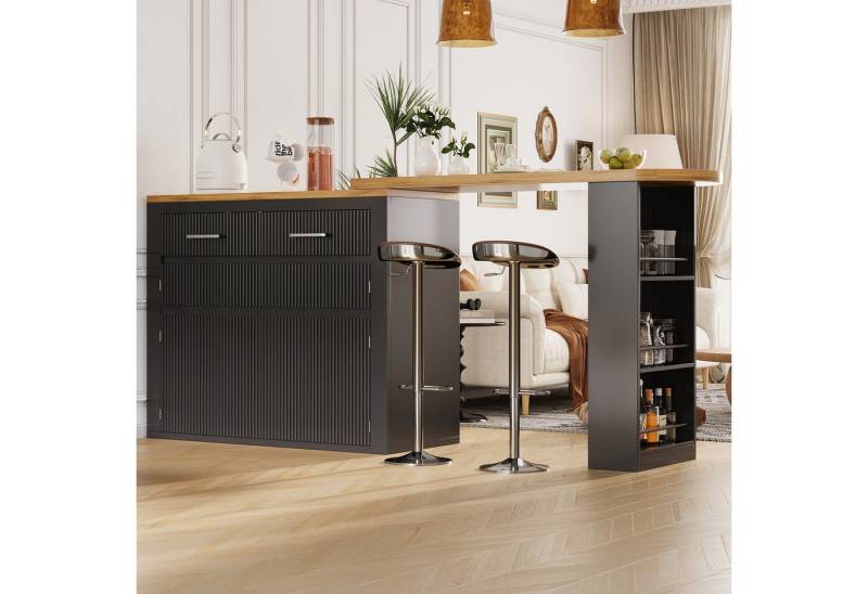 MODFU Bartisch für Wohnzimmer, Esszimmer & Homeoffice (Moderner beweglicher Hochtisch mit 1 Schublade & 2 Regalen, Teleskopischer Kücheninsel-Tisch mit Rollen & Soft-Close-System, 1-St., 137-215×39×102.3cm) von MODFU