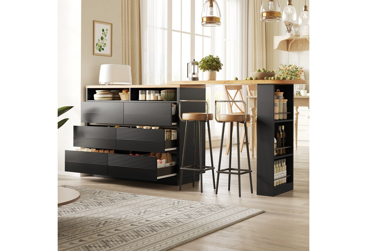 MODFU Bartisch für Wohnzimmer, Esszimmer & Homeoffice (mit Stauraum, Drehbarer Teleskoptisch mit 6 Schubladen & Rollen, 1-St., 137-215×39×102.3cm) von MODFU