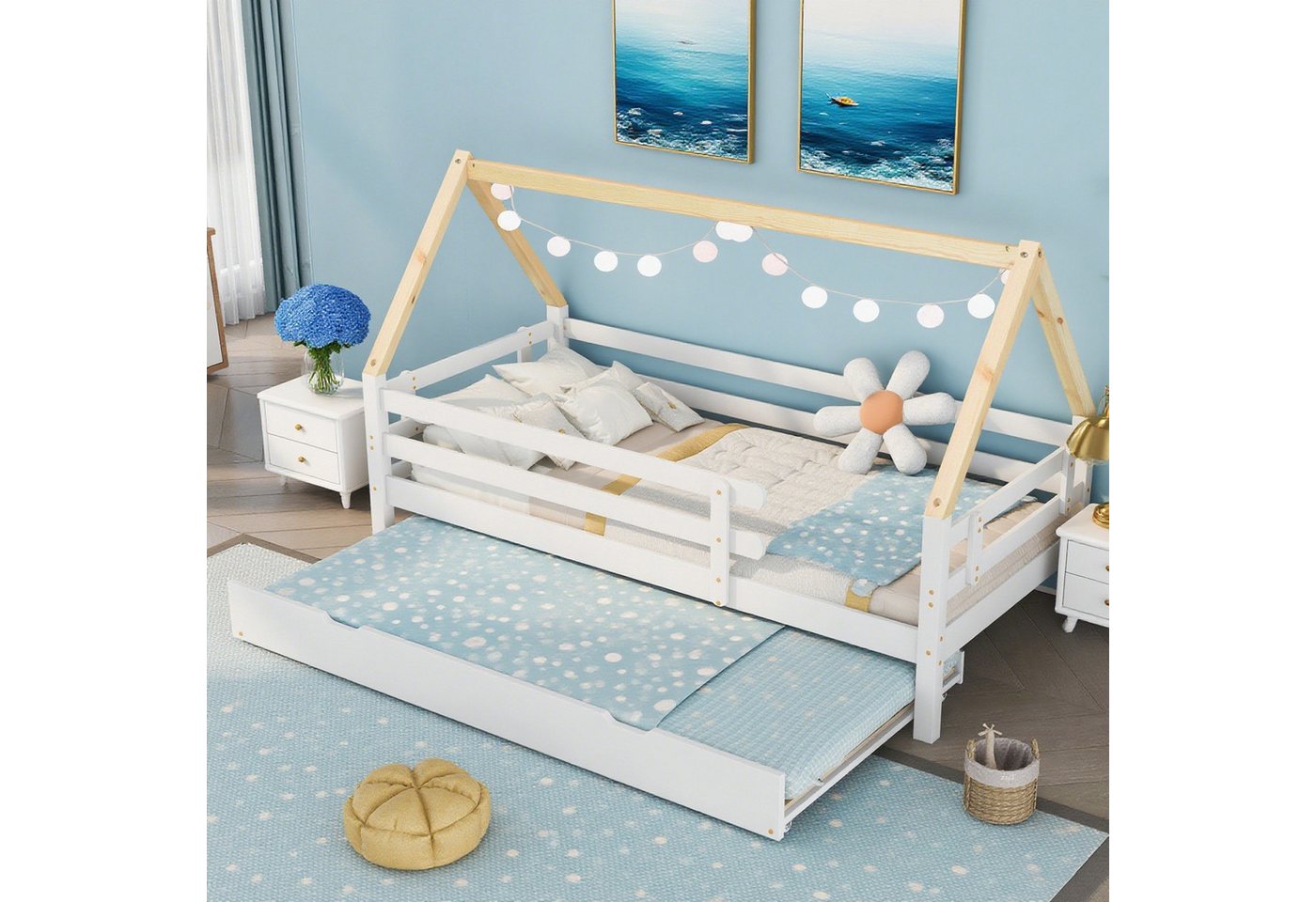 MODFU Bett Kinderbett mit Ausziehbett (Holzbett, Schiebebett mit Rollen, 90x200cm & 90x190cm), Ohne Matratze von MODFU