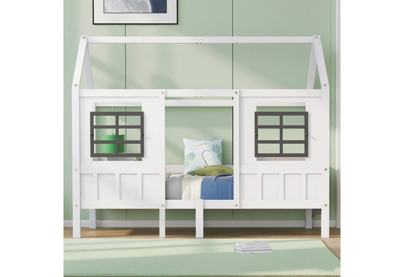 MODFU Bett mit Fenstern für Kinder (Holzbett aus Kiefer und MDF, Einzelbett 90x200 cm), Ohne Matratze von MODFU