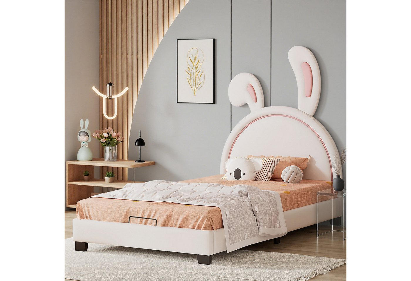 MODFU Bett mit Hasenohr-Kopfteil & erhöhten Füßen (Kinderbett aus Kunstleder mit Lattenrost, 90x200cm), Inklusive Matratze von MODFU