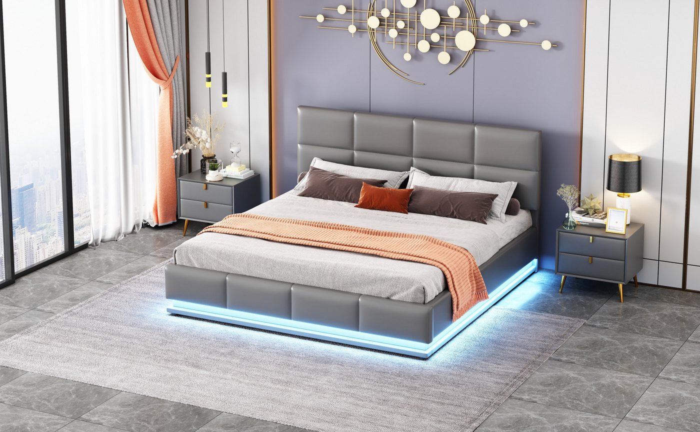 MODFU Bett mit LED & Bettkasten (hydraulisch öffnendes Doppelbett mit höhenverstellbarem Kopfteil, 160x200 cm), Inklusive Matratze von MODFU