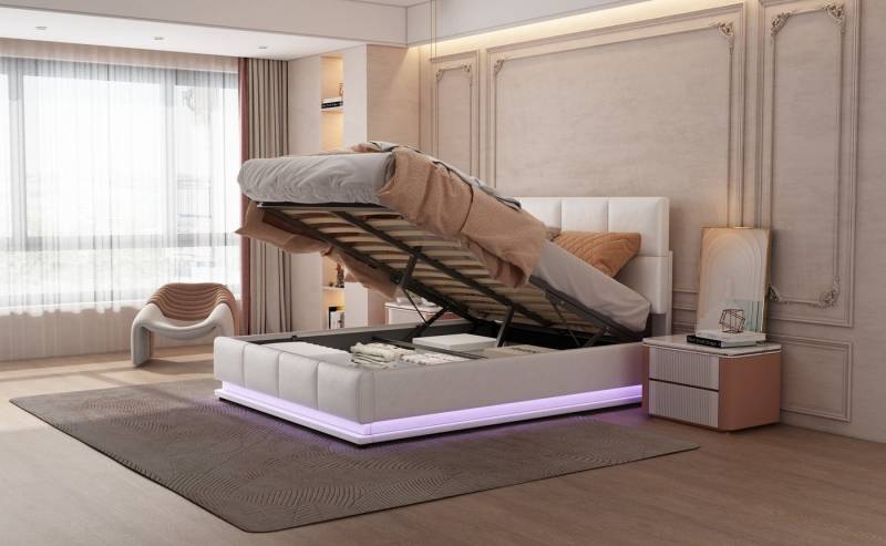 MODFU Bett mit LED & hydraulischem Stauraum (Stauraumbett mit Bettkasten & höhenverstellbares Kopfteil, 140x200cm), Inklusive Matratze von MODFU
