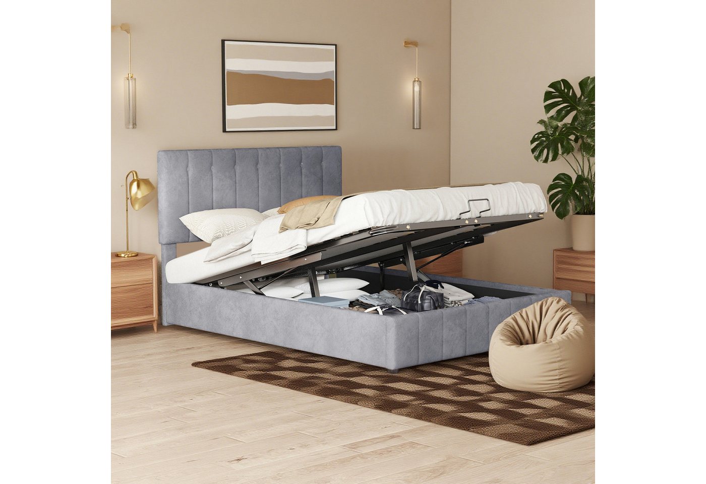 MODFU Bett mit hydraulischem Bettkasten (Stauraumbett mit höhenverstellbarem Kopfteil & Metalllattenrost, 140x200cm), Inklusive Matratze von MODFU