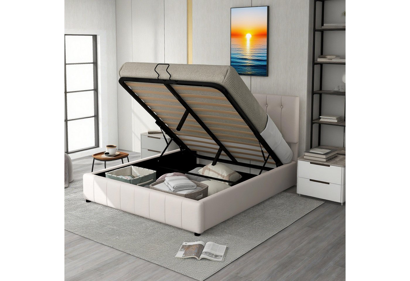 MODFU Bett mit hydraulischem Bettkasten (Stauraumbett mit höhenverstellbarem Kopfteil & Metalllattenrost, 140x200cm), Ohne Matratze von MODFU