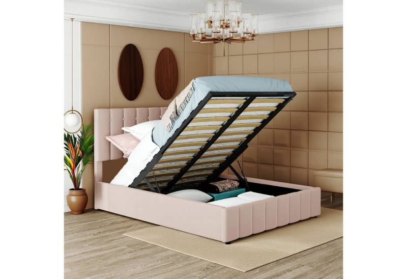 MODFU Bett mit hydraulischem Bettkasten (Stauraumbett mit höhenverstellbarem Kopfteil & Metalllattenrost, 140x200cm), Ohne Matratze von MODFU