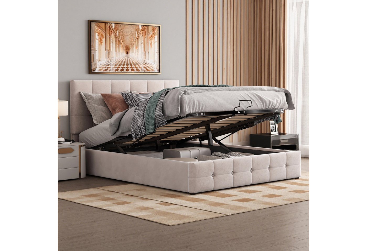 MODFU Bett mit hydraulischem Bettkasten (Stauraumbett mit verstellbarem Kopfteil & Samtstoff, 140x200cm), Ohne Matratze von MODFU