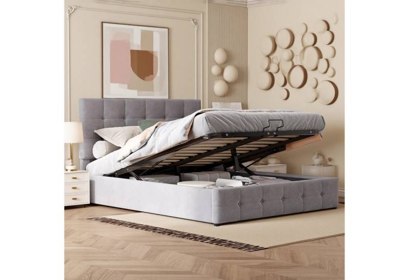 MODFU Bett mit hydraulischem Bettkasten (Stauraumbett mit verstellbarem Kopfteil & Samtstoff, 140x200cm), Ohne Matratze von MODFU