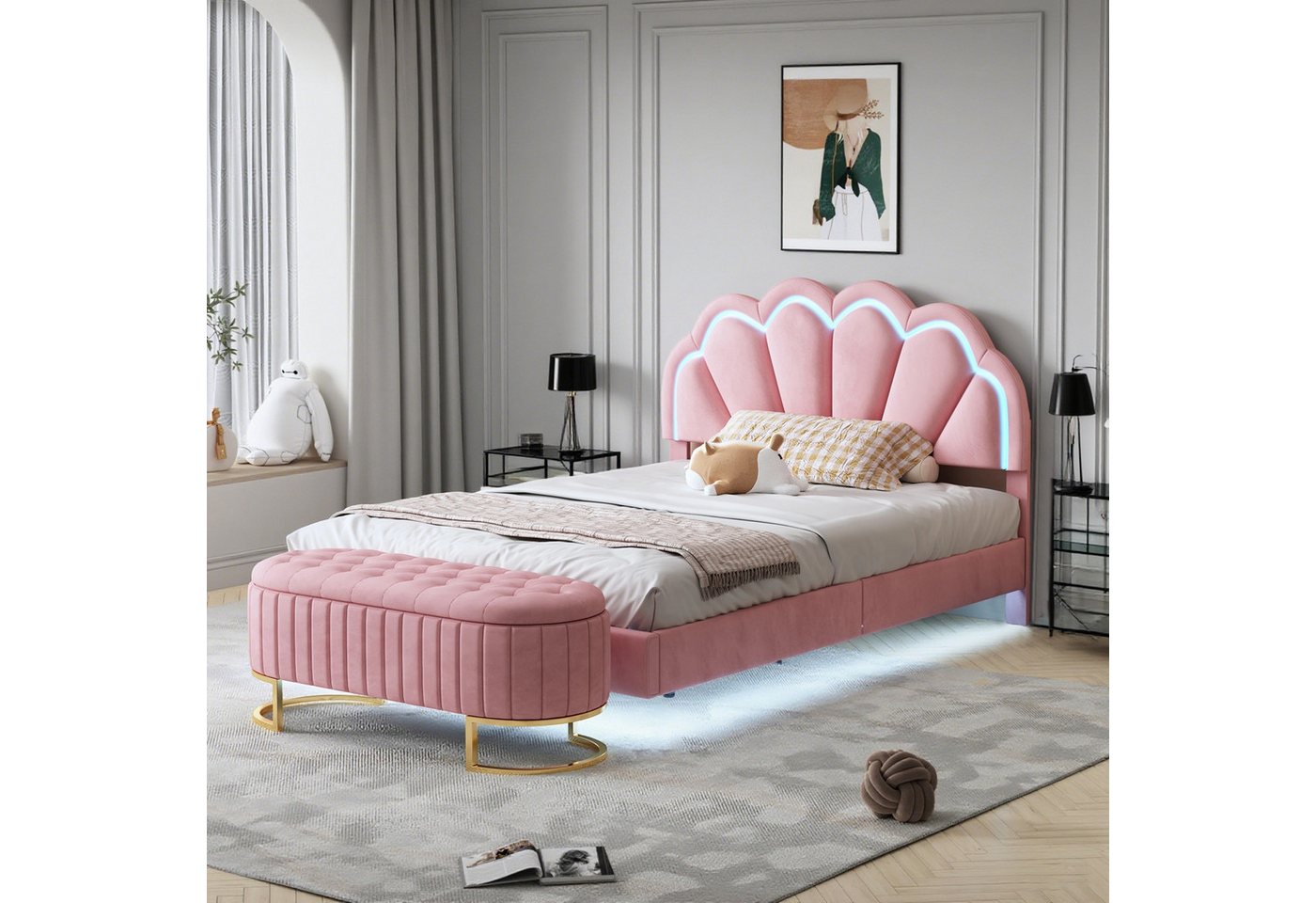 MODFU Bett mit verstecktem Bettfuß-Design (140x200 cm mit LED-Leuchten, multifunktionaler Sofabank, Schwebendes Doppelbett), Inklusive Matratze von MODFU