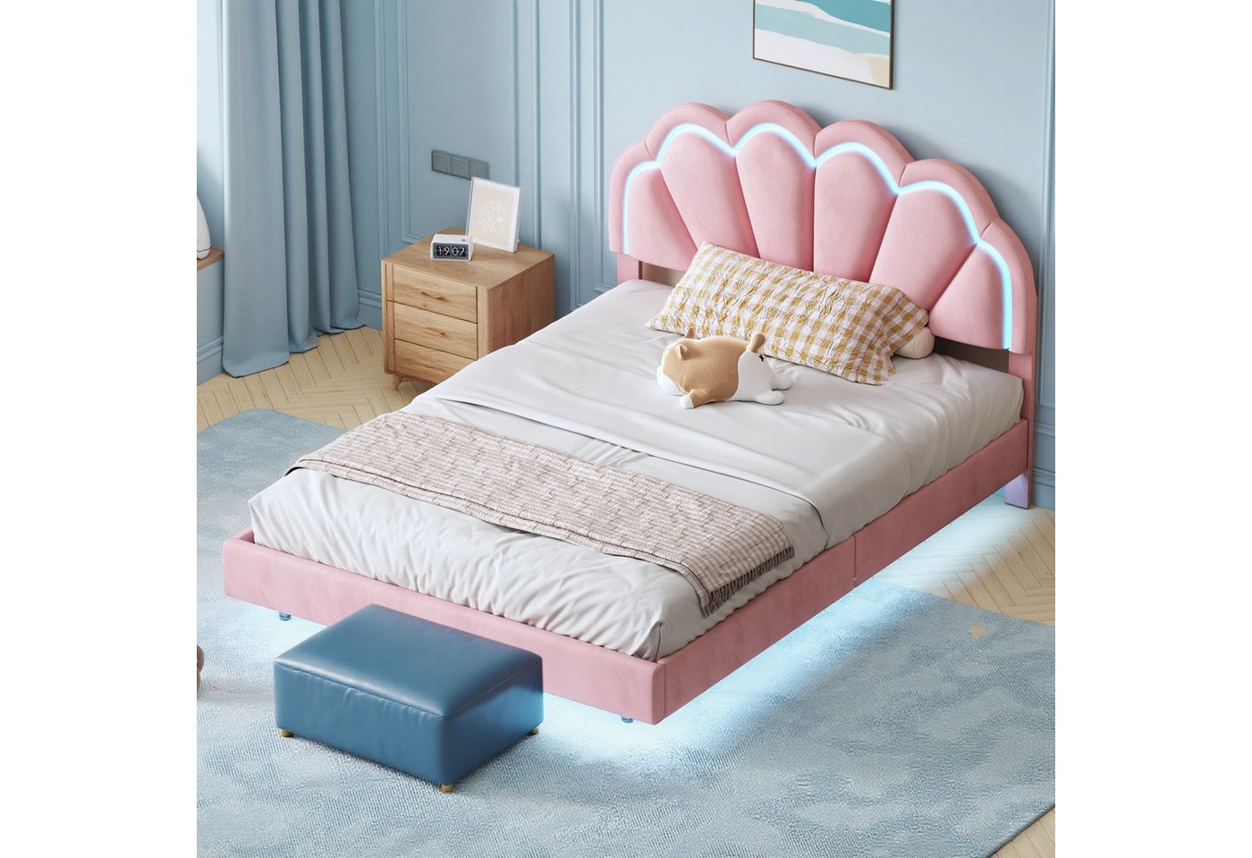 MODFU Bett mit verstecktem Bettfuß-Design (Doppelbett mit LED-Beleuchtung und Samtstoff Kopfteil, 140x200 cm), ohne Matratze von MODFU