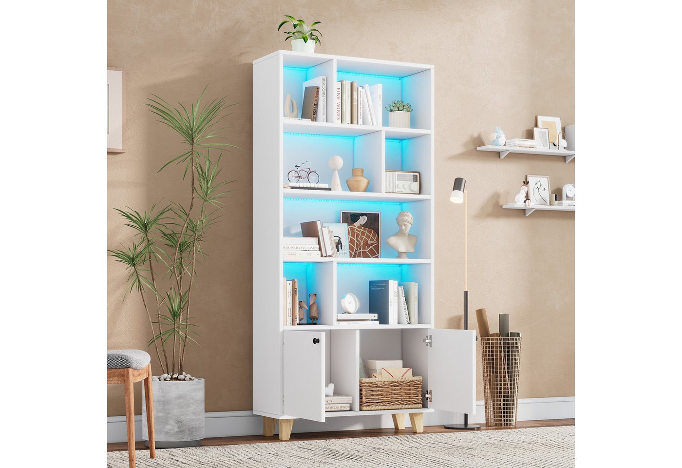 MODFU Bücherregal mit Massivholzbeinen, Bücherregal mit LED-Farbwechsellicht, Doppeltüren, Fernbedienung – Moderne Aufbewahrung MODFU Bücherregal mit Massivholzbeinen, Bücherregal mit LED-Farbwechsellicht, Doppeltüren, Fernbedienung – Moderne Aufbewahrung von MODFU