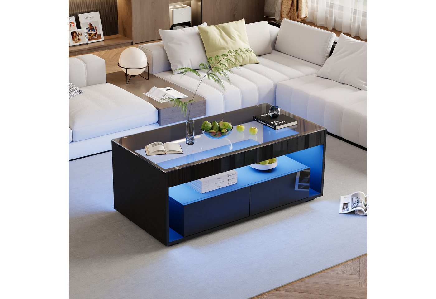 MODFU Couchtisch doppelschichtiges Design (Satztisch, Wohnzimmertisch, Beistelltisch, 1-St., 2 großen Schubladen), 16 Farben & 4 dynamische Modi LED von MODFU