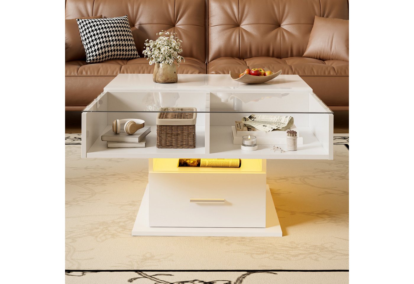 MODFU Couchtisch mit Bluetooth App-Steuerung & Glasboden-Design (Wohnzimmertisch, Beistelltisch, 1-St., 78x78x45,5-59,5cm, Hochglanz-Matt Kontrast), mit LED Farbwechsel von MODFU