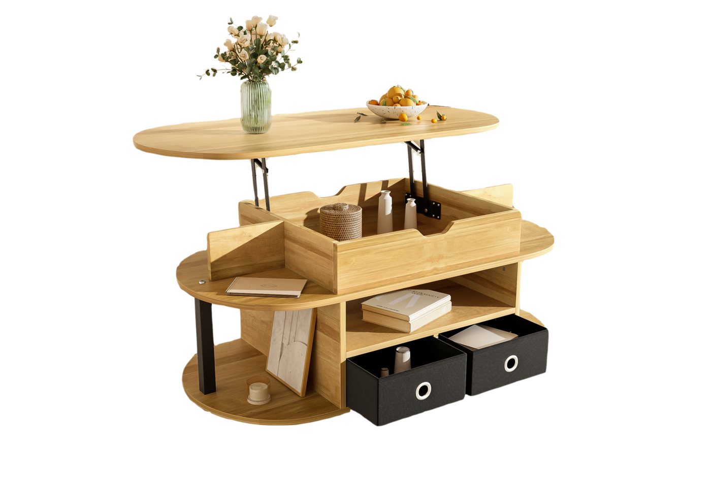 MODFU Couchtisch Eleganter Couchtisch mit Hebefunktion und Stauraum (Satztisch, Wohnzimmertisch Beistelltisch, 1-St., verstellbarer Tischhöhe), edles Design mit Holzmaserung und schwarzen Akzenten von MODFU