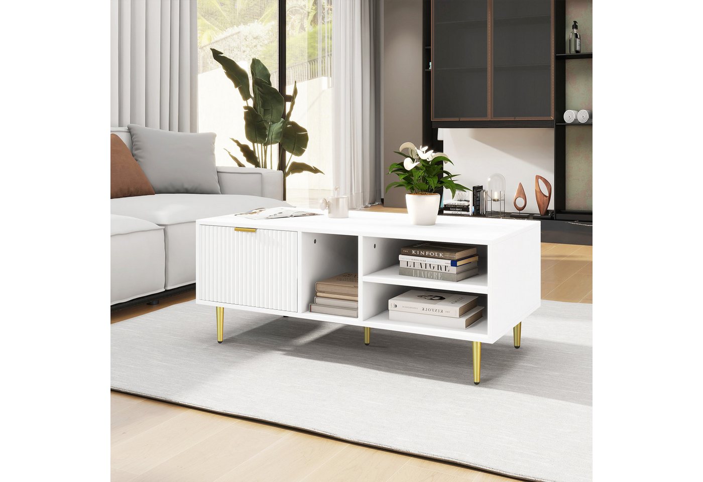 MODFU Couchtisch Eleganter weißer Couchtisch (Elegantes Licht Luxus, Beistelltisch mit Schublade und Metallfüße), Couchtisch mit goldenen Verzierungen, eine Schublade von MODFU