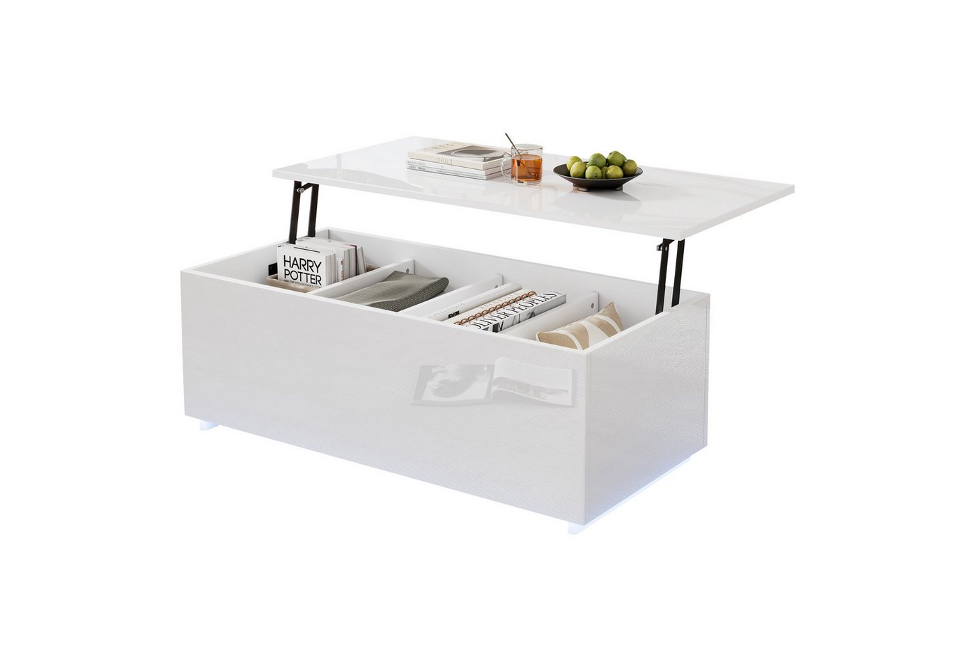 MODFU Couchtisch Hochglanz-Couchtisch mit hydraulischer Höhenverstellung & Stauraum (Satztisch, Wohnzimmertisch Beistelltisch, 1-St., 100*50*35 cm), mit hydraulischem Hub, LED-Beleuchtung und verstecktem Stauraum von MODFU