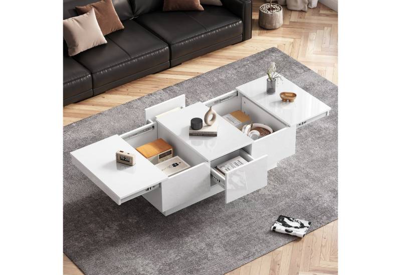MODFU Couchtisch Hochglanz-Sofatisch mit großen Stauraum (Beistelltisch, Wohnzimmertisch, 1-St., 2 versteckte Fächer, 2 Schubladen), mit Schiebefunktion von MODFU