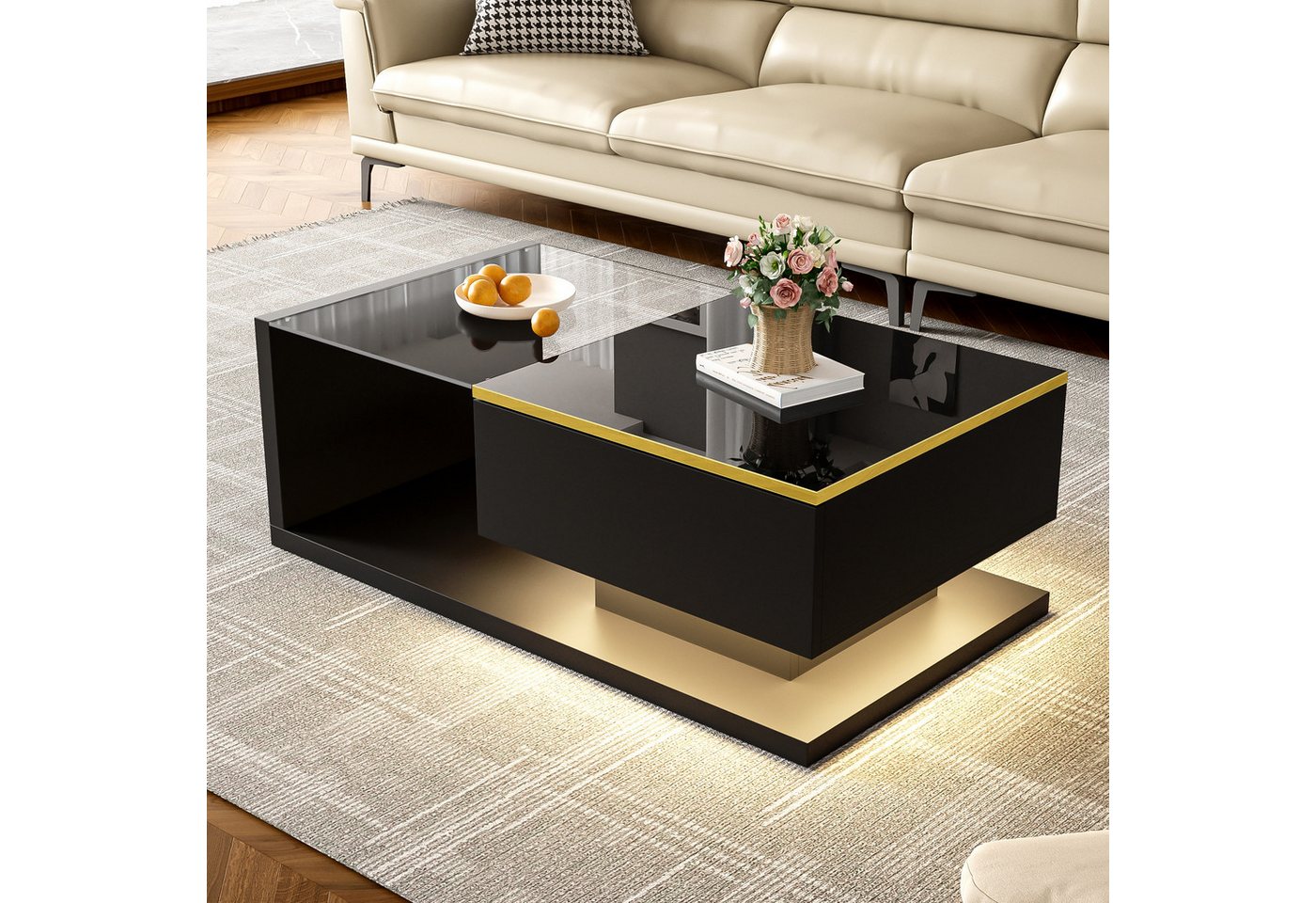 MODFU Couchtisch Hochglanzweiß/Schwarz mit Glasplatte (Satztisch, Wohnzimmertisch, Beistelltisch, 1-St., Funktionales Möbelstück), mit Glas und LED-Effekt von MODFU