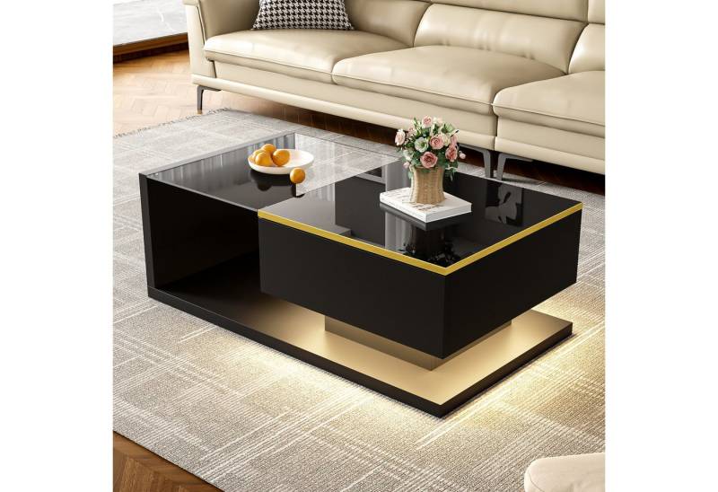 MODFU Couchtisch Hochglanzweiß/Schwarz mit Glasplatte (Satztisch, Wohnzimmertisch, Beistelltisch, 1-St., Funktionales Möbelstück), mit Glas und LED-Effekt von MODFU