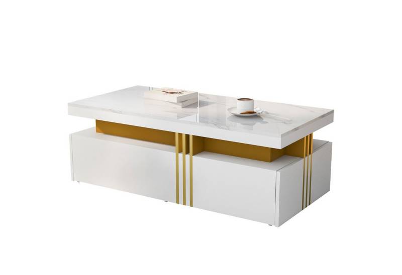 MODFU Couchtisch MDF-Oberfläche mit goldenen Metallakzente, mit Spanplatte-Musterplatte und 2 Holzschubladen von MODFU