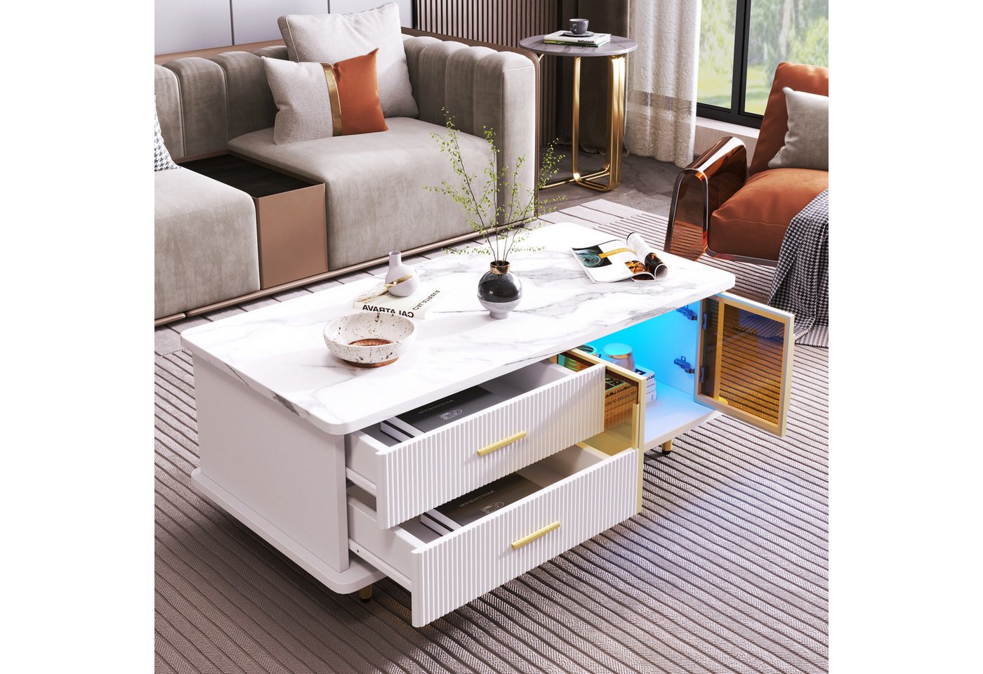 MODFU Couchtisch Sofatisch Teetisch Beistelltisch (TV-Schrank mit Glastüren und Schubladen, 1-St), TV-Board mit Metallfüße von MODFU