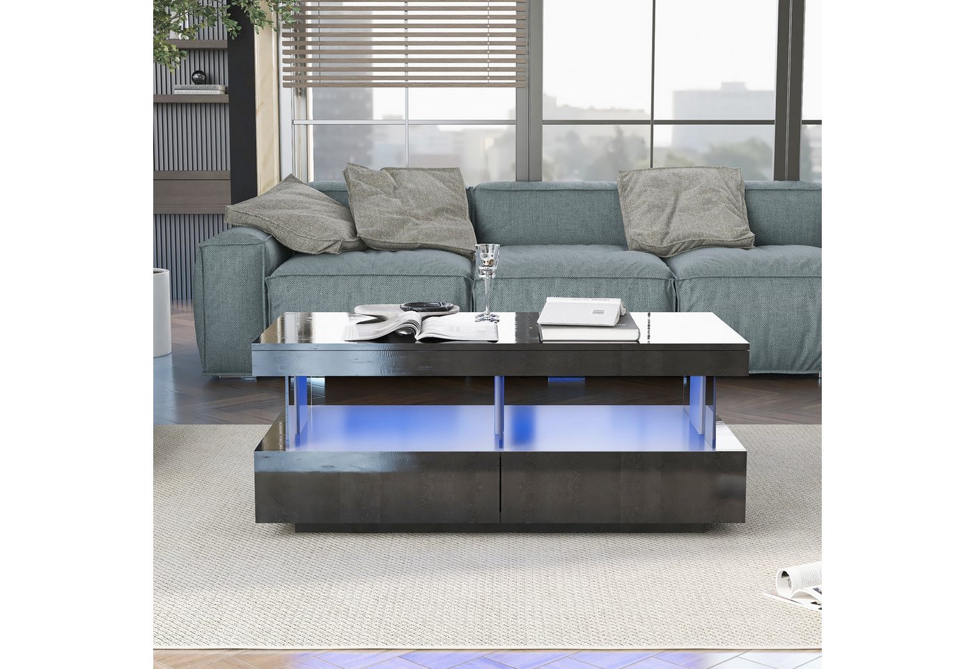 MODFU Couchtisch Sofatisch Teetisch Beistelltisch Tisch (mit LED-Beleuchtung und hochglänzender Tischplatte), Moderner Hochglanz-Sofatisch Wohnzimmertisch Hochglanzoberfläche von MODFU