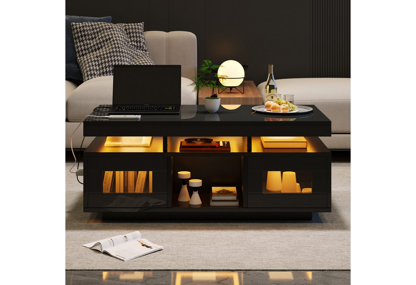 MODFU Couchtisch mit Hochglanz-Oberfläche (Satztisch, Wohnzimmertisch, Beistelltisch, 1-St., mit Ladeanschluss und steckdose), mit per mobiler App steuerbaren LED-Leuchten von MODFU