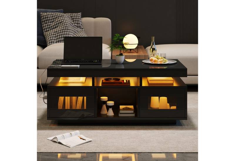 MODFU Couchtisch mit Hochglanz-Oberfläche (Satztisch, Wohnzimmertisch, Beistelltisch, 1-St., mit Ladeanschluss und steckdose), mit per mobiler App steuerbaren LED-Leuchten von MODFU