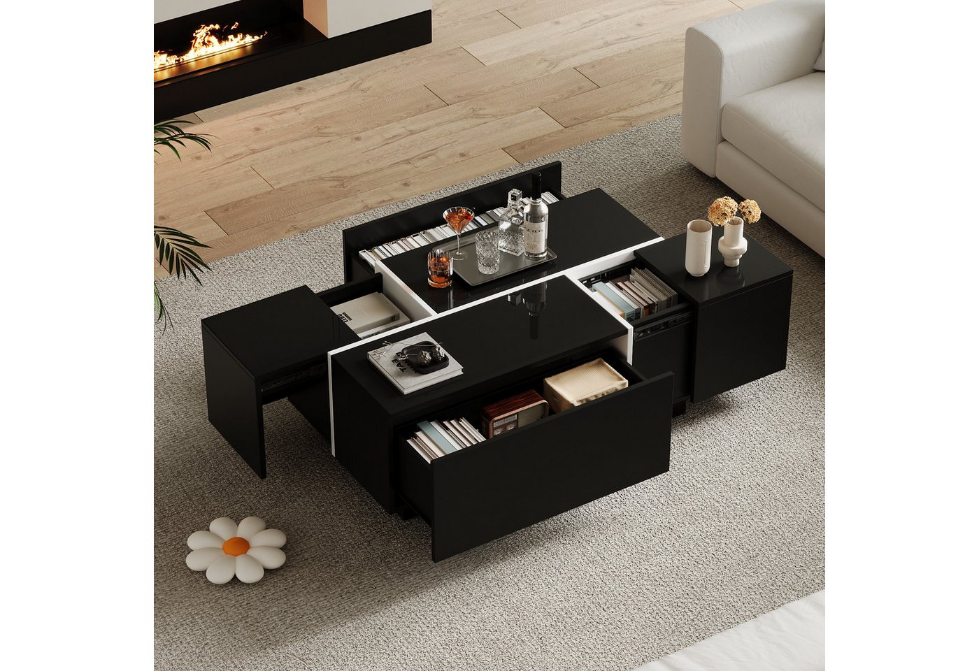 MODFU Couchtisch mit Hochglanz-Oberfläche und schwarz-weißem Design (Satztisch, Wohnzimmertisch, Beistelltisch, 1-St., 4 Schubladen), mit Hochglanzoptik, verschiebbare Tischplatte von MODFU