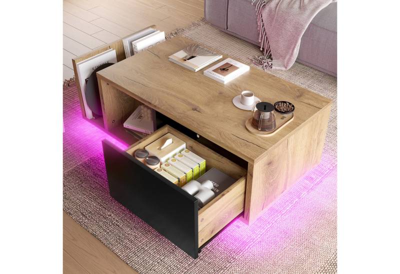 MODFU Couchtisch mit LED-Beleuchtung und Stauraum (Holz-Metall-Design als Raumteiler, Sofatisch & Beistelltisch), Multifunktionales Retro-Sideboard von MODFU