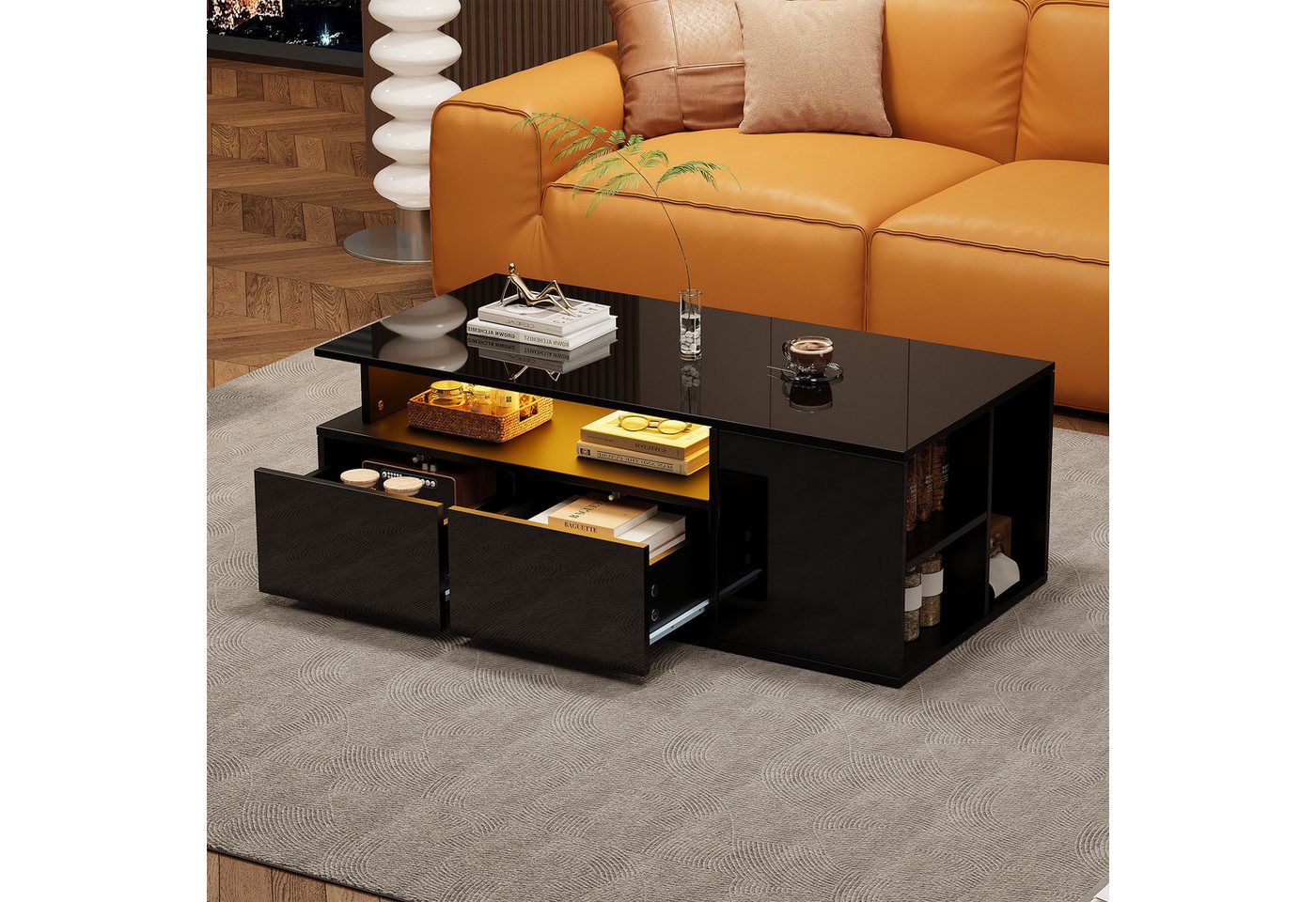 MODFU Couchtisch mit LED-Lichtsteuerung und Hochglanzoberfläche (Beistelltisch, Sofatisch, 1-St., Doppelschubladen und seitliche Aufbewahrung), Wohnzimmertisch mit Hochglanzoberfläche von MODFU
