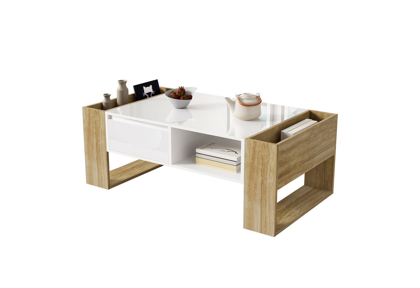 MODFU Couchtisch mit Stauraum, Holzmaserung (Satztisch, Wohnzimmertisch Beistelltisch, 1-St., mit Schubladen und offenen Fächern), 105 x 60 x 40 cm von MODFU