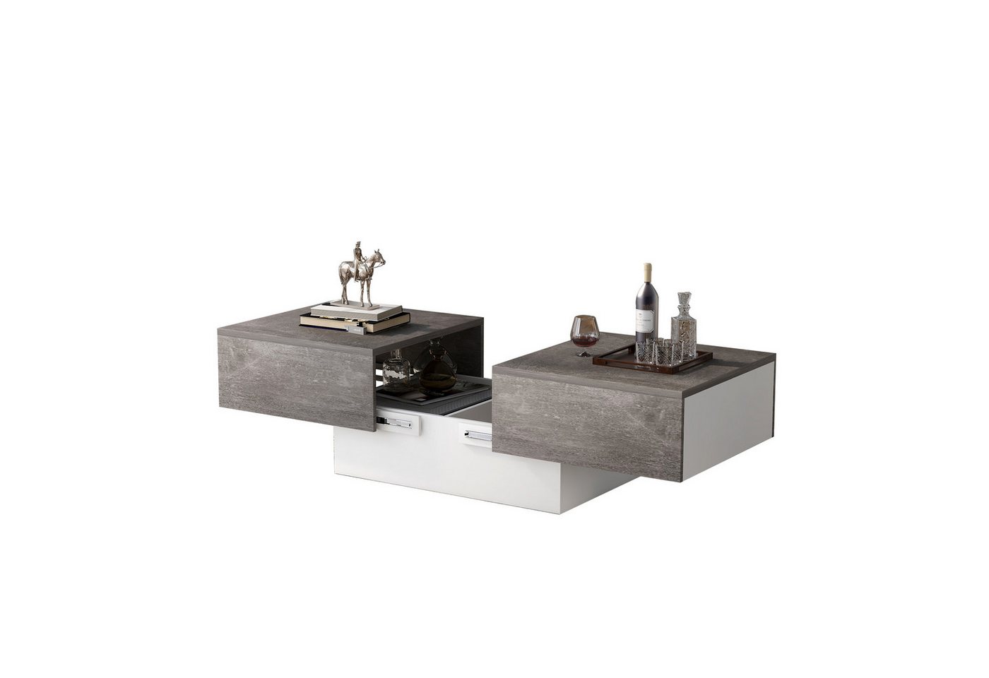 MODFU Couchtisch mit Stauraum (mit ausziehbarem Tisch und Stauraum 2 Schubladen und 2 Regale), Verstellbar Hochglanz für Wohnzimmer von MODFU