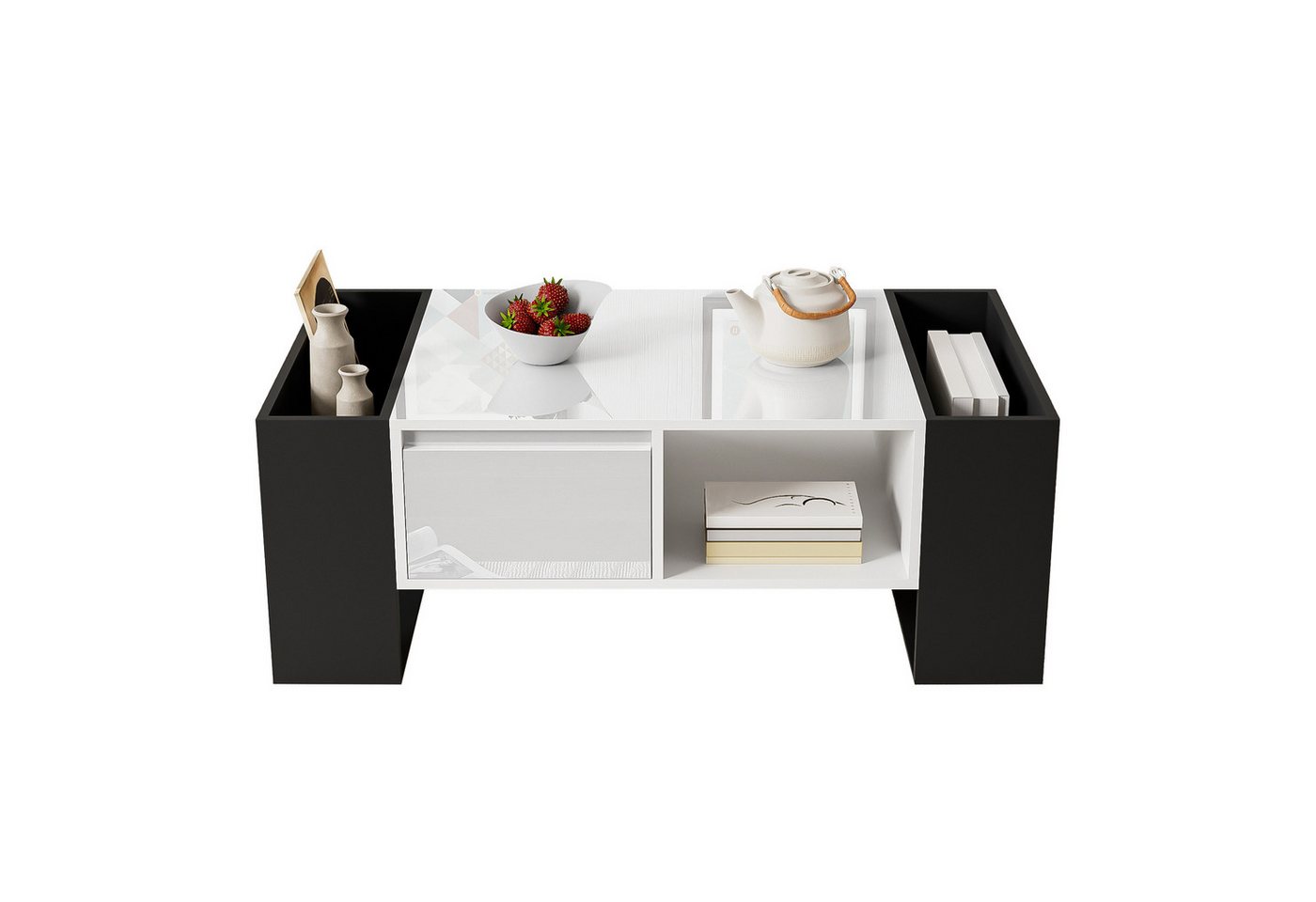 MODFU Couchtisch mit großzügiger Stauraum (Satztisch, Wohnzimmertisch Beistelltisch, Wohnzimmertisch, 1-St., 1 Schublade, 4 offenen Fächern), Griffloses Design von MODFU