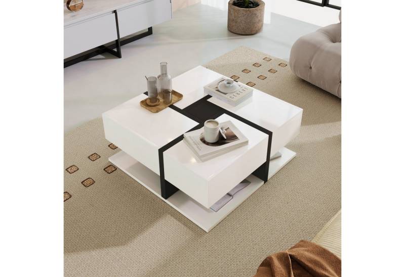 MODFU Couchtisch mit versteckten Schubladen (einzigartige Farbabstimmung und Liniendesign), Beistelltisch mit geometrische Design von MODFU