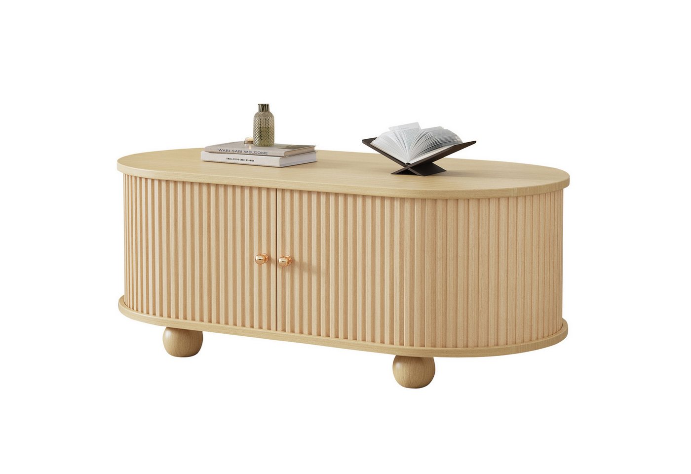 MODFU Couchtisch ovaler Couchtisch – minimalistisches Design (Satztisch, Wohnzimmertisch Beistelltisch, 1-St., 2 Schiebetür), ovale Form, Vertikale gestreifte Schranktüren von MODFU