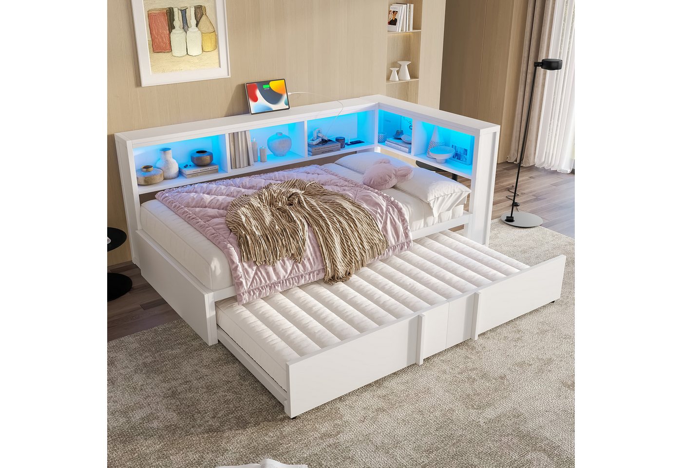 MODFU Daybed für Teenager, Studenten & kleine Wohnungen (Tagesbett Metall mit LED-Licht, USB-Ladestation, 1 tlg), mit Ausziehbett von MODFU