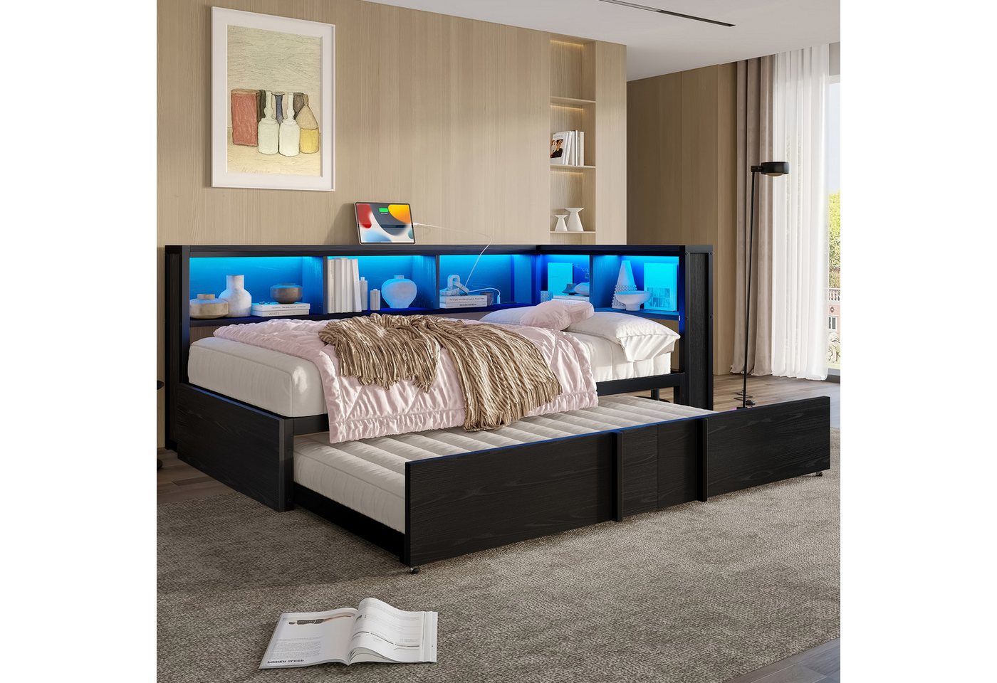 MODFU Daybed für Teenager, Studenten & kleine Wohnungen (Tagesbett Metall mit LED-Licht, USB-Ladestation, 1 tlg), mit Ausziehbett von MODFU