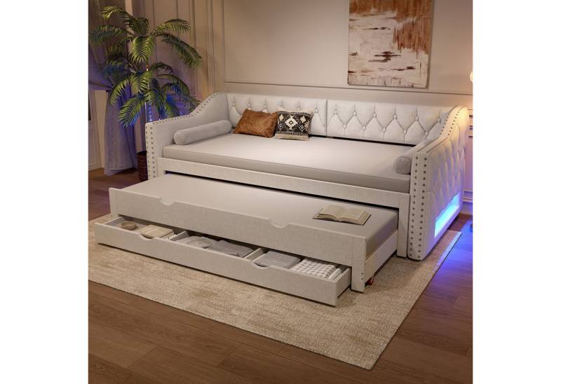 MODFU Daybett Polster-Tagesbett (mit LED-Beleuchtung, Ausziehbett & 3 Schubladen, Beige – Multifunktionales Gästebett, 1 tlg) von MODFU