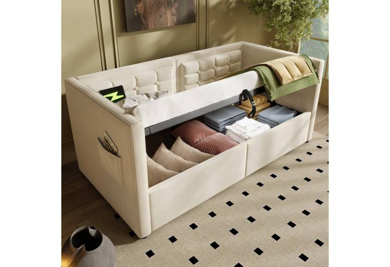 MODFU Daybett Samt Schlafsofa mit hydraulischem Stauraum (Stauraumbett mit Seitentaschen, 1 tlg), mit USB-C Ladestation, Kopfteil von MODFU
