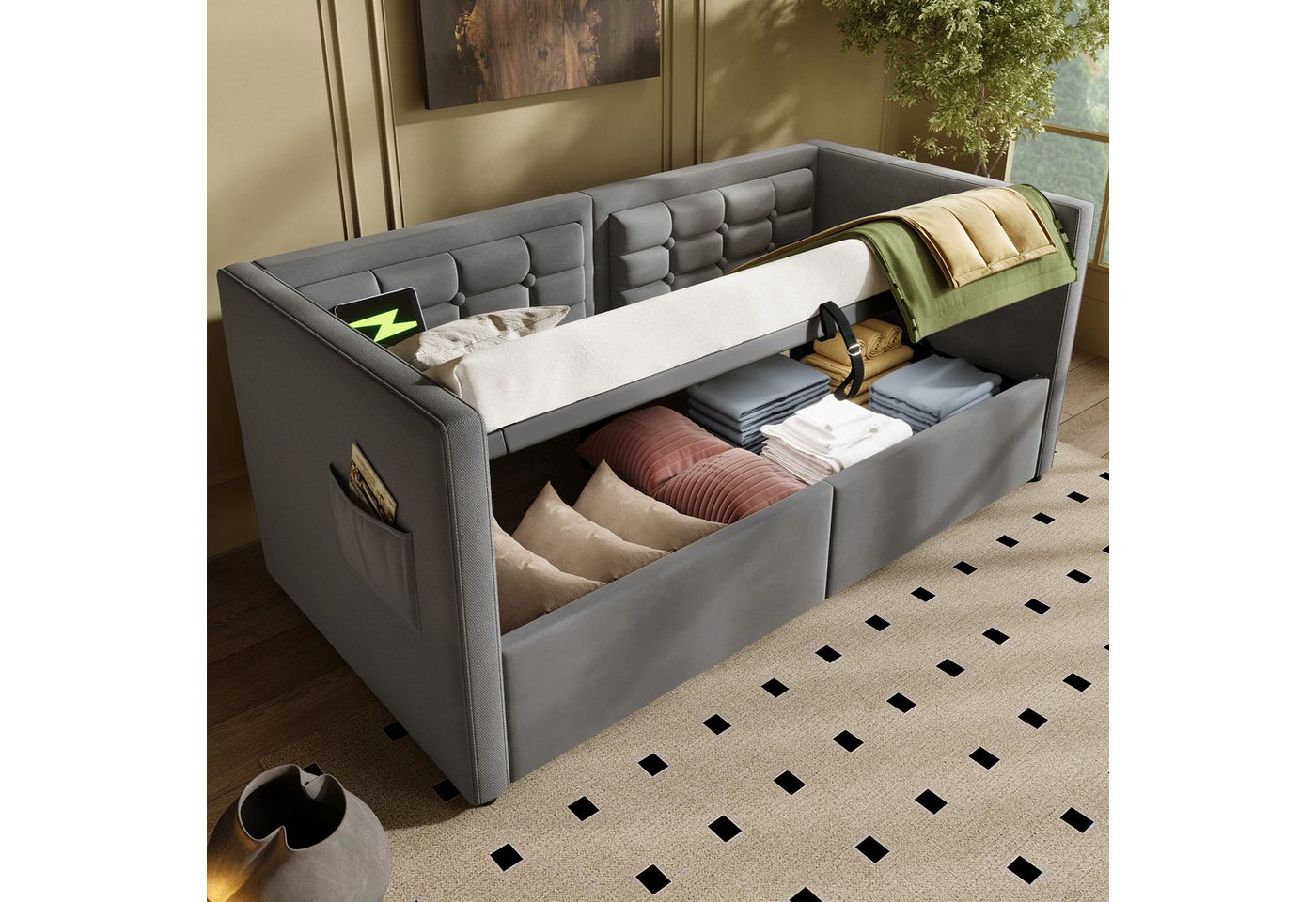 MODFU Daybett Samt Schlafsofa mit hydraulischem Stauraum (Stauraumbett mit Seitentaschen, 2 tlg), mit USB-C Ladestation, Kopfteil von MODFU