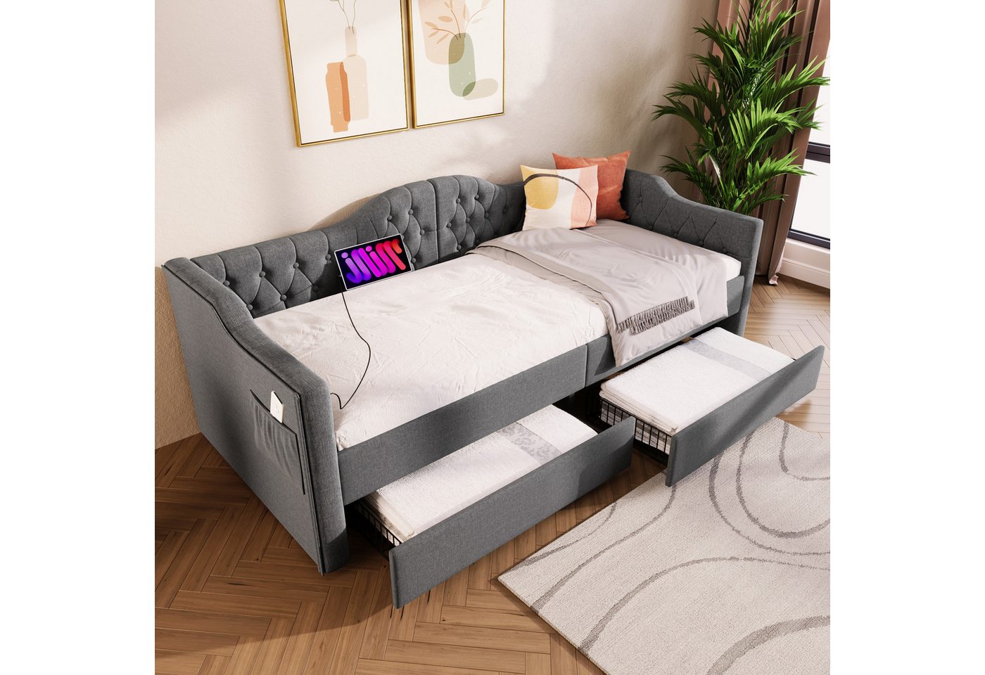 MODFU Daybett Tagesbett Schlafsofa (90x190cm), mit USB Type C Ladefunktion und 2 Schubladen von MODFU