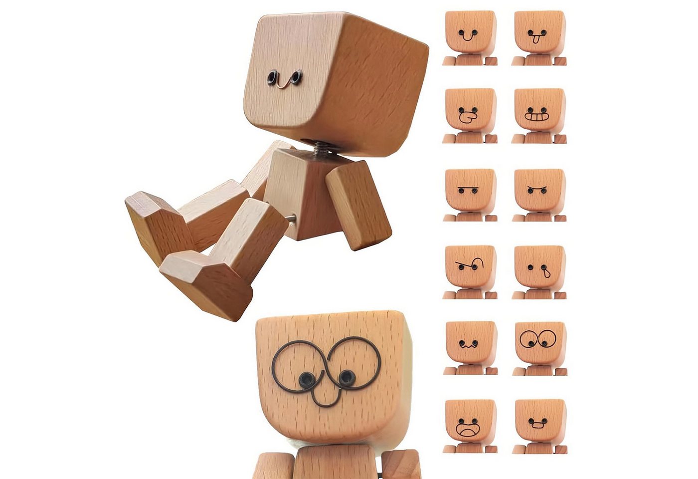 MODFU Dekofigur Holzfigur Auto Deko Schreibtisch- und Armaturenbrett-Dekoration (mit 12 austauschbaren Emoji-Magneten, 1 St., mit Aufklebern flexibel am Armaturenbrett oder Tisch befestigen), Wackelnde Schreibtisch-Dekoration lustiges Geschenk von MODFU