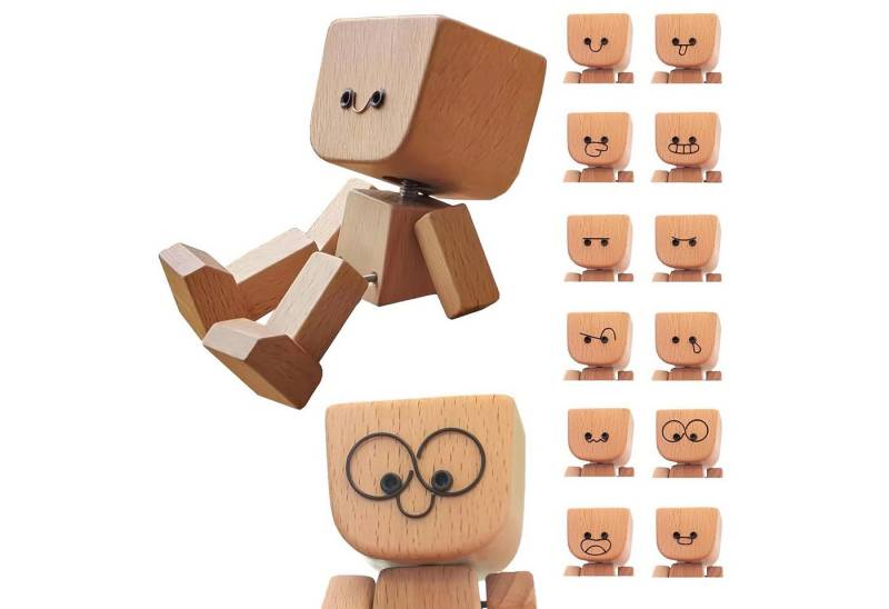MODFU Dekofigur Holzfigur Auto Deko Schreibtisch- und Armaturenbrett-Dekoration (mit 12 austauschbaren Emoji-Magneten, 1 St., mit Aufklebern flexibel am Armaturenbrett oder Tisch befestigen), Wackelnde Schreibtisch-Dekoration lustiges Geschenk von MODFU