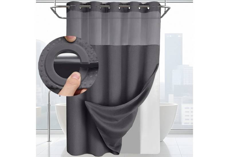 MODFU Duschvorhang Badvorhang Set mit abnehmbarer Innenvorhang Breite 183 cm (Druckknopf System mit abnehmbarem Innenvorhang, 1-tlg., mit Sichtfenster Mesh, Waffelstruktur, pflegeleicht waschbar), für Dusche Badewanne Gäste-WC usw. von MODFU