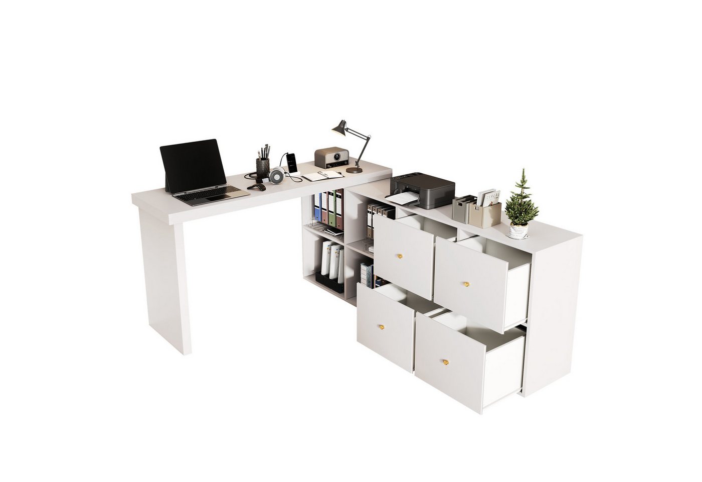 MODFU Eckschreibtisch 360° drehbarer Schreibtisch (Bartisch, Computertisch, 1-St., Tischplatte 360° schwenkbar, 4 Fächern, 4 Schubladen), Tischplatte und Beine 4 cm verstärkt von MODFU