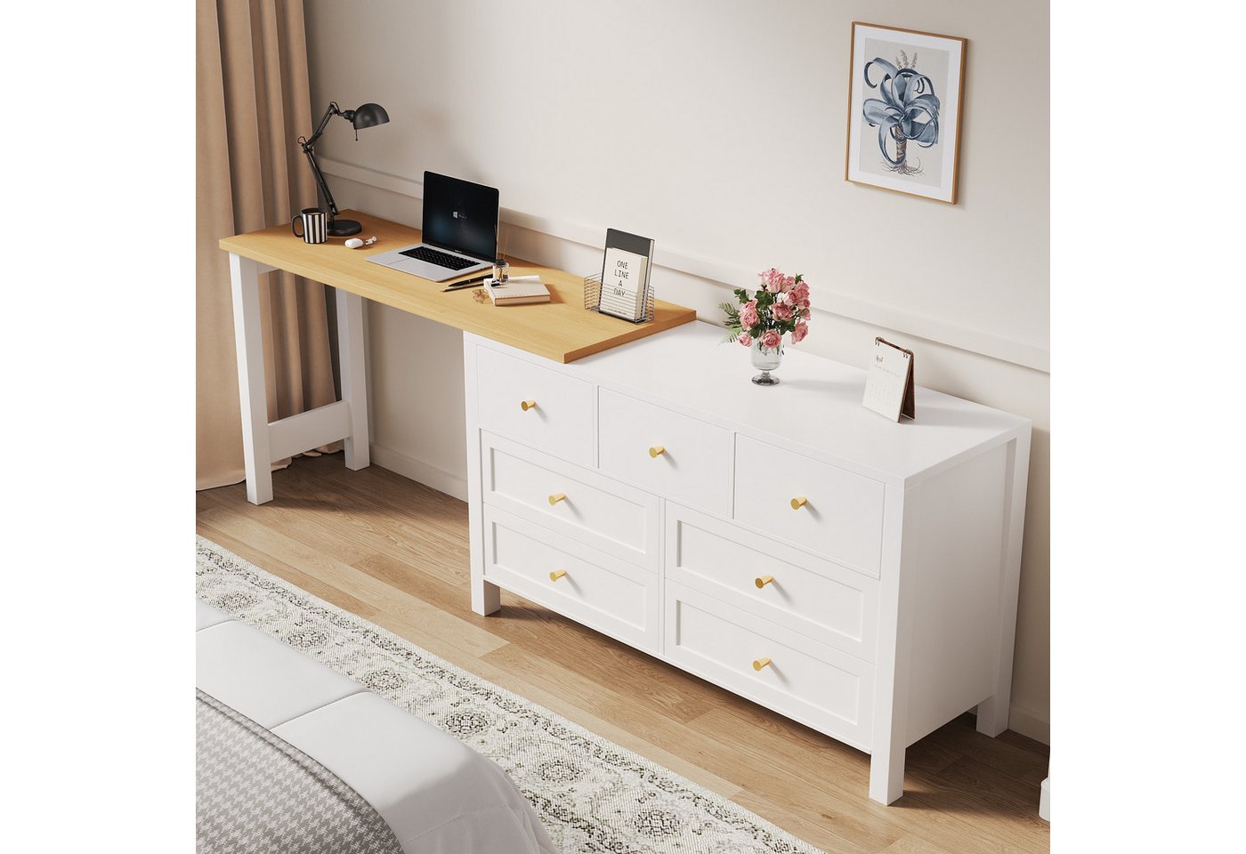 MODFU Eckschreibtisch 360° drehbarer Tisch mit 7 Schubladen (Computertisch, 1-St., 2-in-1 Drehwerkbank und Sideboard), L-förmiger, mit 7-Schubladen von MODFU