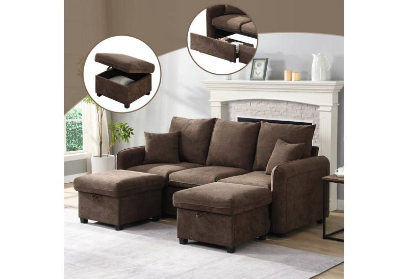 MODFU Ecksofa 3-Sitzer Sofa mit Stauraum, Wohnzimmersofa, Polstersofa, Inklusive Schubladen + Hocker mit Staufach von MODFU