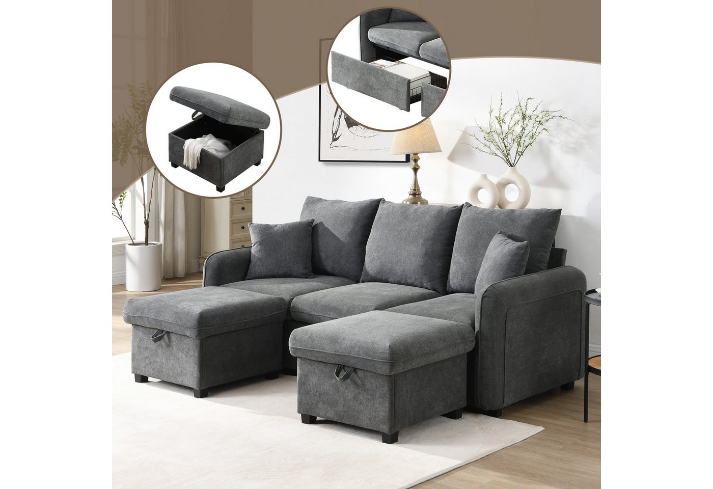 MODFU Ecksofa 3-Sitzer Sofa mit Stauraum, Wohnzimmersofa, Polstersofa, Inklusive Schubladen + Hocker mit Staufach MODFU Ecksofa 3-Sitzer Sofa mit Stauraum, Wohnzimmersofa, Polstersofa, Inklusive Schubladen + Hocker mit Staufach von MODFU