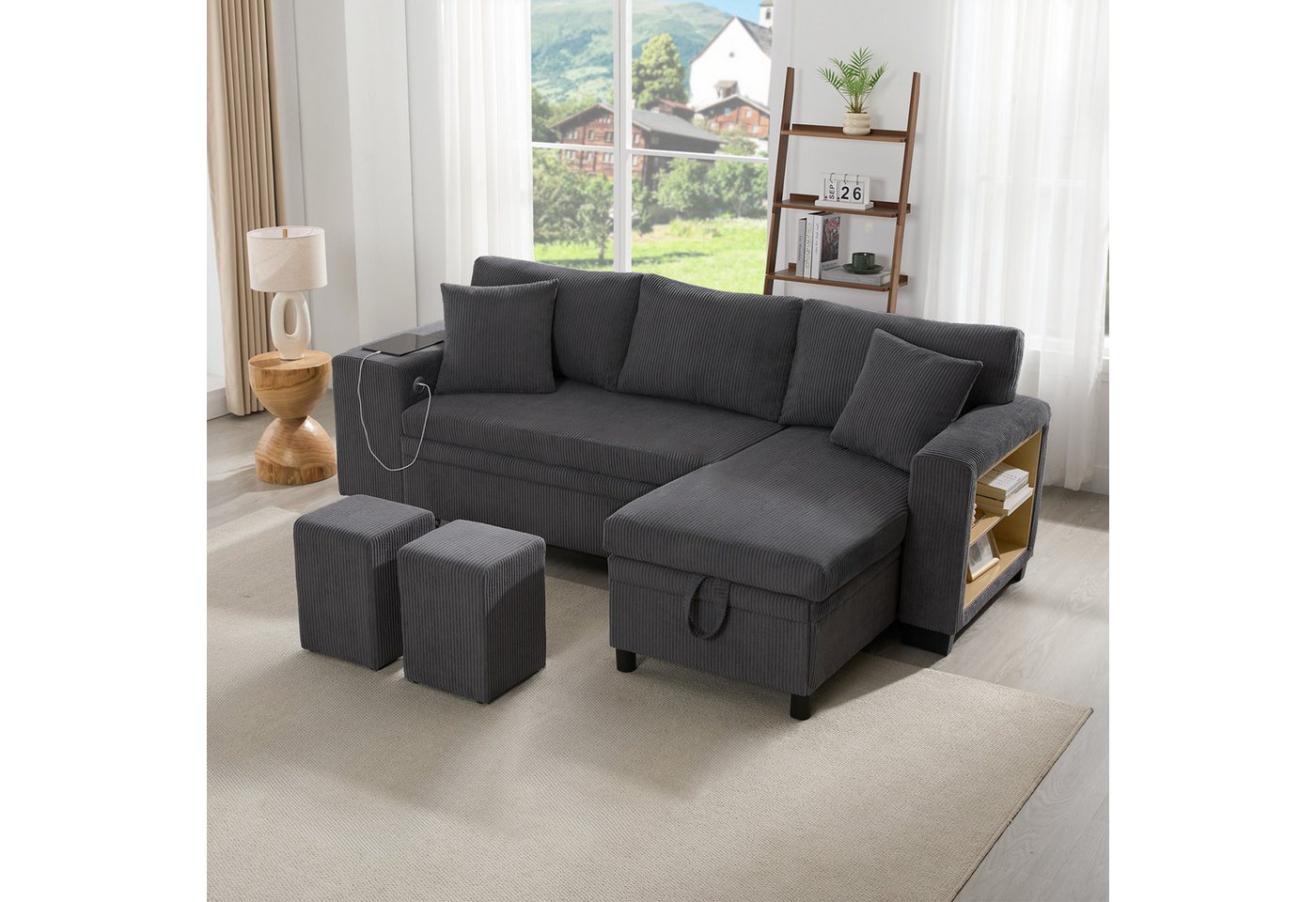 MODFU Ecksofa mit Schlaffunktion, Stauraum, Freizeitsofa, 3-Sitzer-Umbausofa mit Seitenablagen und Stauraum von MODFU